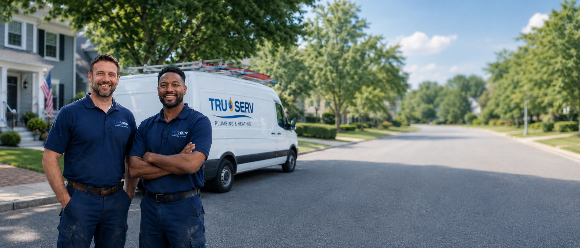 TruServ Plumbing & Heating technicians in front of a branded company van